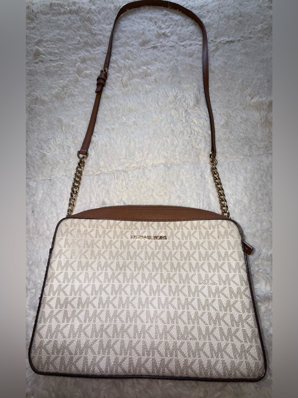 Michael Kors Cream and Tan Signature MK Crossbody Bag